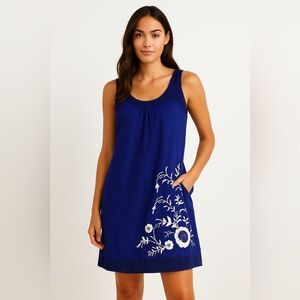 Anthropologie Floreat Womens Blue Embroidered Cotton Sleeveless Dress Size 6